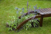 Sièges en bois courbés dans le jardin « Courbes et Cube », RHS Chatsworth Flower Show 2017, juin