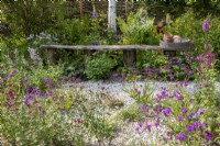 Un banc en bois avec un tamis et des pots de plantes en terre cuite entourés de plantations naturalistes vivaces mixtes colorées, Verbena rigida 