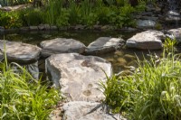 Gros rochers de pierre comme tremplins au-dessus d'un étang - Phalaris arundinacea au premier plan 