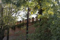 Un mur crénelé avec des arbres et du feuillage. Jardins du véritable palais de l'Alcazar, Séville. Espagne. Septembre. 