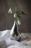 Nature morte de Galanthus nivalis - perce-neige communs avec feuille d'Arum italicum dans un petit vase en argent fait à la main par Andrea Jones placé sur une nappe française brodée d'or. 