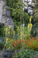 Plantes vivaces à floraison estivale, notamment Helenium, Verbascum et Crocosmia, regroupées à côté du manoir du Manoir, Little Compton. 