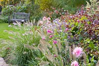 Lit de septembre avec plantes vivaces, dahlias et graminées 