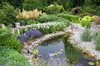 Aperçu du jardin avec plantes vivaces et étang 