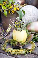 Oeuf décoré de manière floristique avec Primula victoriana, thym et noisetier 