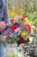 Une femme présente un bouquet de fleurs auto-cueillies dans un jardin d'automne 