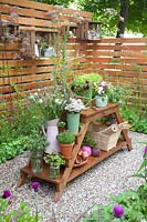 Table à plantes et étagères sur un mur en bois 