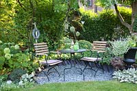 Assise avec hortensias, Hydrangea arborescens Annabelle 