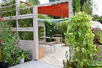 Terrasse avec brise-vue et légumes en pots 