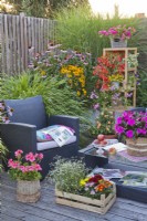 Terrasse d'été avec pots de fleurs annuelles et salon de jardin. 