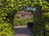 Entrée du jardin hollandais avec topiaire fort et Holly coupé 'Golden King' à l'ancien jardin de vicarage de East Ruston, Norfolk 