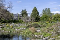 Jardins botaniques de Cambridge Angleterre Royaume-Uni. Vues générales. Bassin et rocaille 